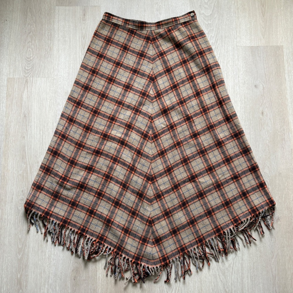 Crossing Pointe Vintage Wool Plaid Fringe Handkerchief Midi Skirt Orange Tan 12